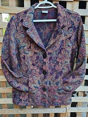 Vintage Women's Floral Jacquard Blazer Jacket in Purple Multi
